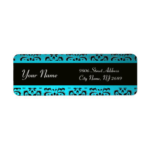 ÉTIQUETTE BLACK AQUA BLEU TURQUOISE DAMASK