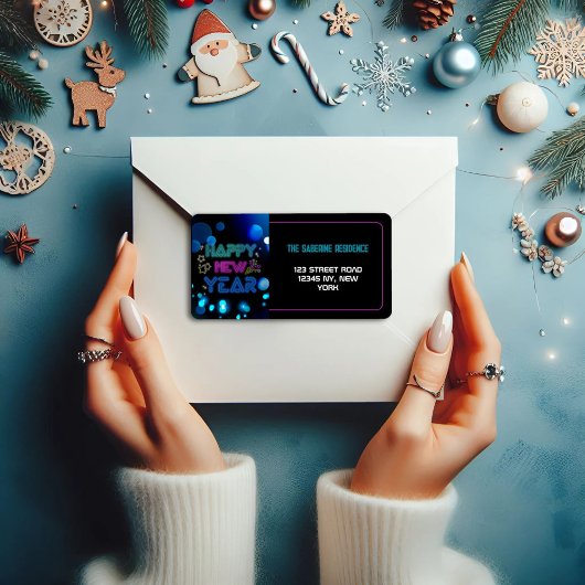 Étiquette Black & Blue Midnight Sparkle Neon Glow New Year 