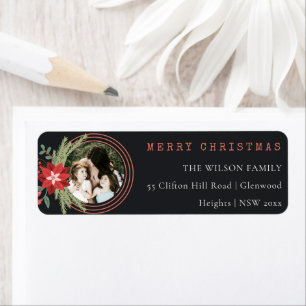 Étiquette Black Christmas Circle Photo Poinsettia Adresse