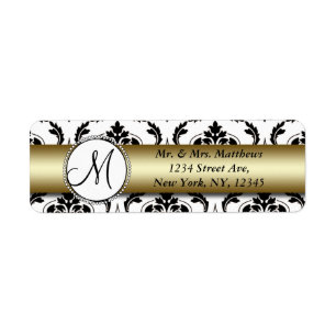 Étiquette Black Damas Gold Monogramme Adresse de retour