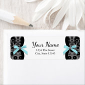 Étiquette Black Damask Turquoise Blue Bow Adresse de retour  (En situation)
