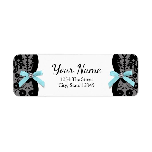 Étiquette Black Damask Turquoise Blue Bow Adresse de retour  (Devant)