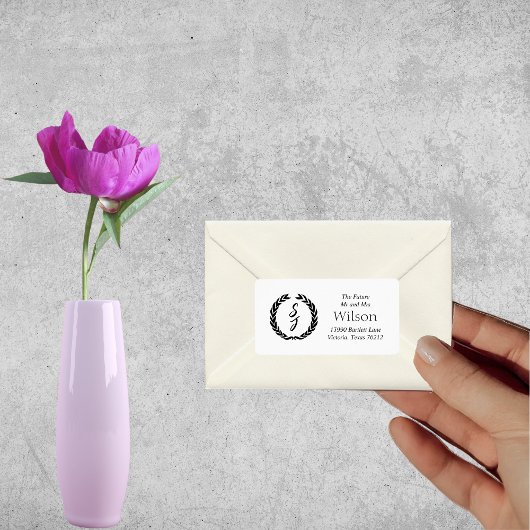 Étiquette Black Elegant Monogram Wreath White Adresse de ret