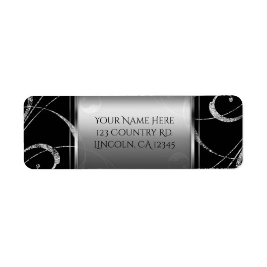 Étiquette Black & Faux Silver Glass Floral Swirl Élégant (Devant)