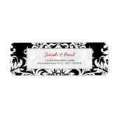 Étiquette Black Floral Damask Rouge Police Adresse de retour (Devant)