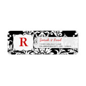 Étiquette Black Floral Damask Rouge Police Adresse de retour (Devant)