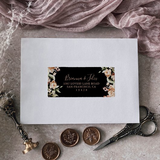 Étiquette Black Formal Royal Floral Wedding Adresse RSVP