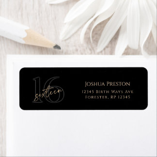 Étiquette Black Gold 16th Birthday Return Address Label