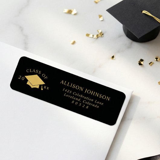 Étiquette Black Gold Graduation Cap Return Address