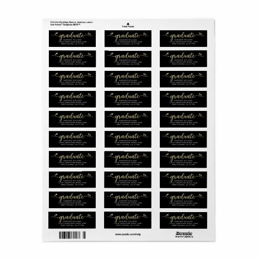 Étiquette Black Gold Graduation Script Coeurs Adresse modern (Feuille entière)