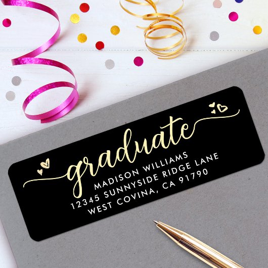 Étiquette Black Gold Graduation Script Coeurs Adresse modern