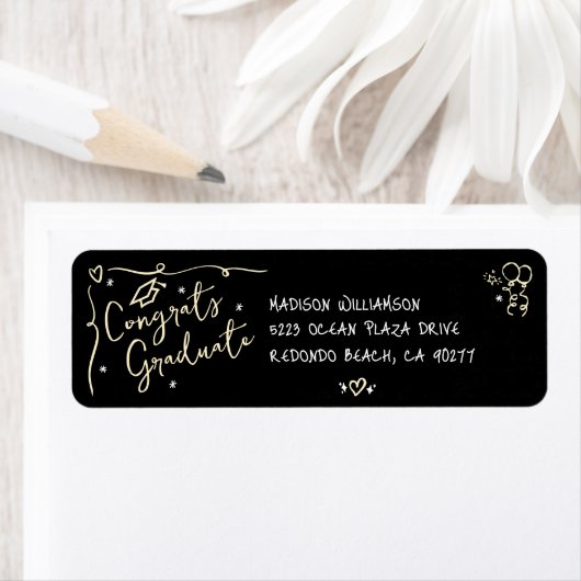 Étiquette Black Gold Hand Drawn Doodle Graduation Address (En situation)