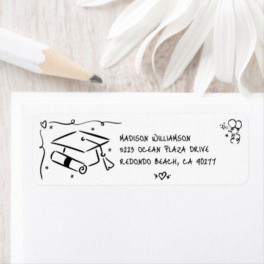 Étiquette Black Hand Drawn Doodle Graduate Cap White Address (En situation)