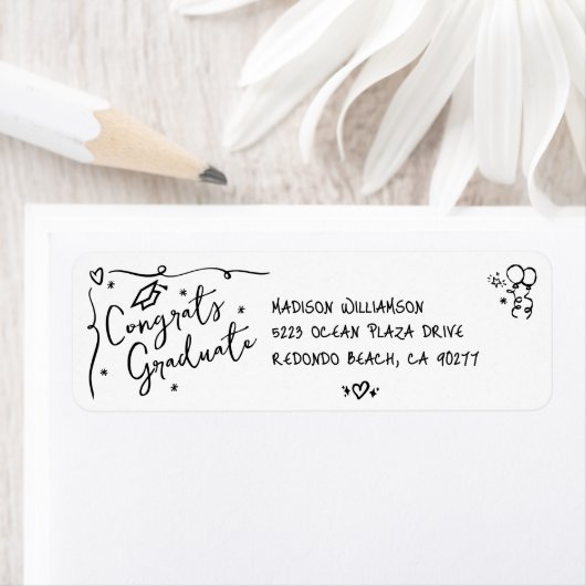 Étiquette Black Hand Drawn Doodle Graduation White Address (En situation)