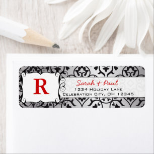 Étiquette Black Heart Damask Red Font Return Adresse Label