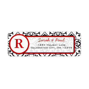 Étiquette Black Heart Damask Red Font Return Adresse Label