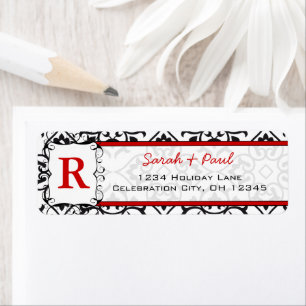 Étiquette Black Heart Damask Red Font Return Adresse Label