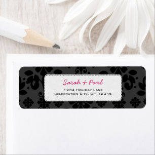 Étiquette Black on Grey Floral Damask Adresse de retour Labe
