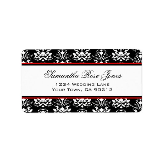 Étiquette Black & White Damask Red Accent Adresse élégante (Devant)