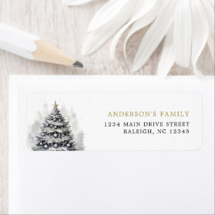 Étiquette Black & White Gold Christmas Tree Party