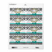 Étiquette Black White Striask Damask Turquoise Party Vin Éti (Feuille entière)