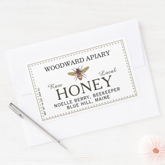 Étiquette blanc à double bordure de miel avec abei (Enveloppe)