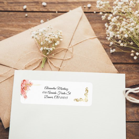 Étiquette Blanc Élégant Rose Rose Simple Or Quinceañera