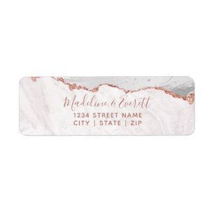 Étiquette Blanc et agate rose d'or épousant l'adresse de