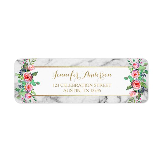 Étiquette Blanc Or Chic Beau Marbre Rose Floral (Devant)