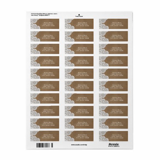 Étiquette Blanche dentelle et Brown rustique chic mariage él (Feuille entière)