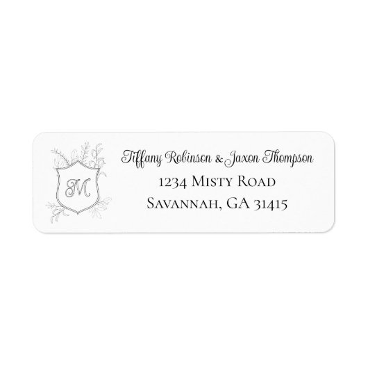 Étiquette Blason Monogramme Feuillage Adresse Noir et Blanc (Devant)