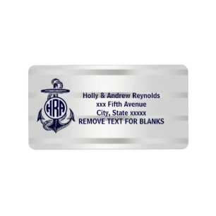 Étiquette Bleu Ancre Argent Blanc Marine Monogramme 33
