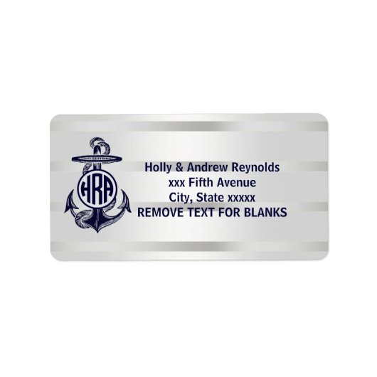 Étiquette Bleu Ancre Argent Blanc Marine Monogramme 33 (Devant)