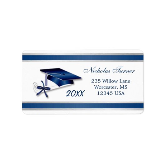 Étiquette Bleu Argent Mortier casquette & diplôme (Devant)