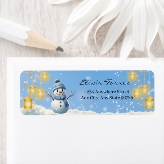 Étiquette Bleu Elegant Whimsical Winter Snowman Baby shower (En situation)