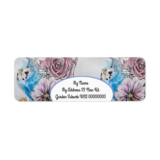 Étiquette Blue Budgie Rose Aquarelle Retourner l'adresse Éti (Devant)