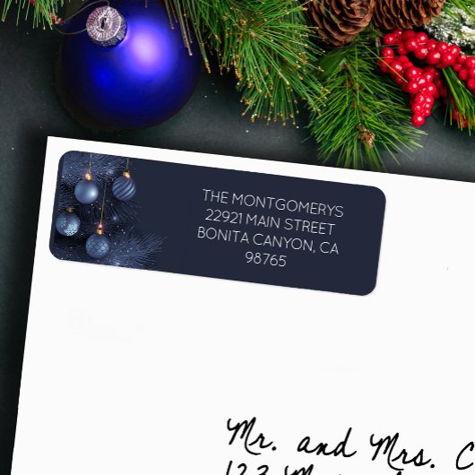 Étiquette Blue Christmas Tree & Ornaments Return Address