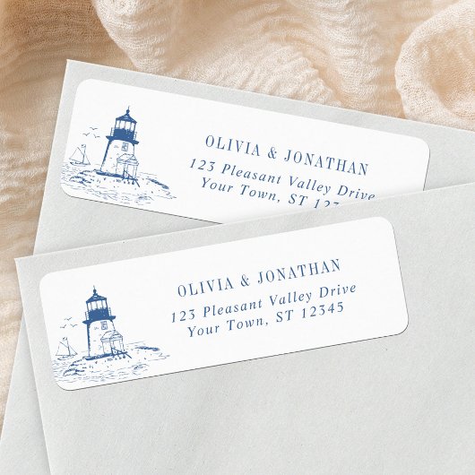 Étiquette Blue Coastal Lighthouse Wedding Return Address