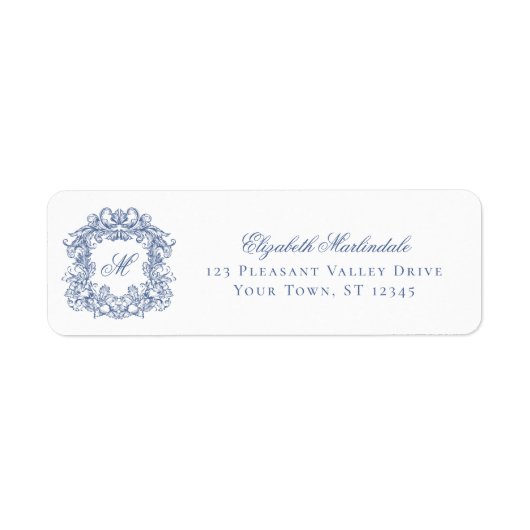 Étiquette Blue Elegant Crest Monogram Wedding Return Address (Devant)