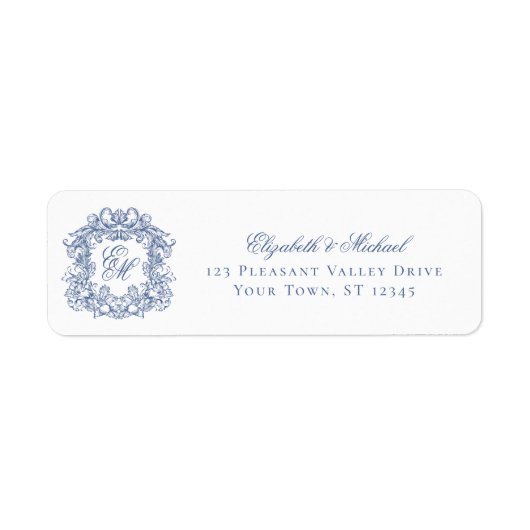 Étiquette Blue Elegant Monogram Crest Wedding Return Address (Devant)