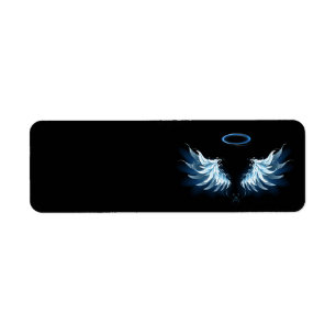 Étiquette Blue Glowing Angel Wings on black background