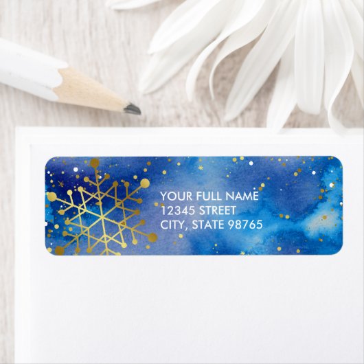 Étiquette Blue Gold Watercolor Snowflon Adresse de retour (En situation)