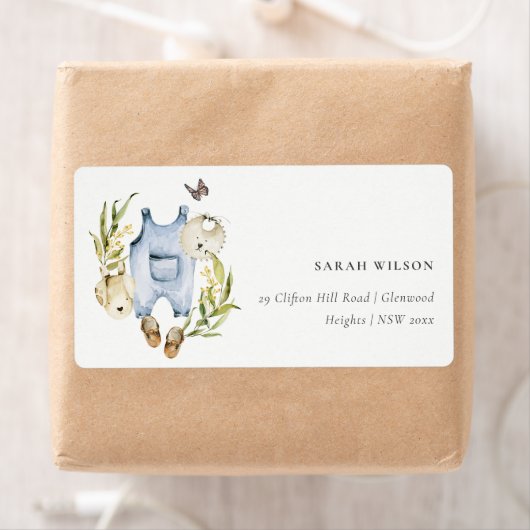 Étiquette Blue Leafy Foliage Boy Clothes Baby shower Adresse (En situation)