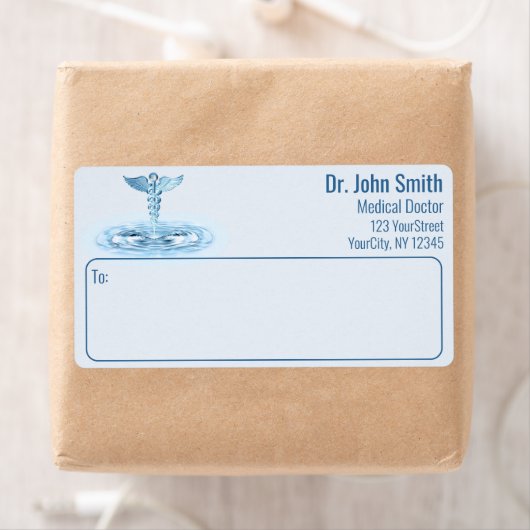 Étiquette Blue Médicale Hermes Rod Caduceus Eau Ondes (En situation)