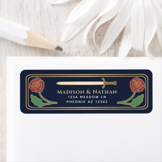 Étiquette Blue Medieval Fantasy Gold Sword Wedding Label (En situation)