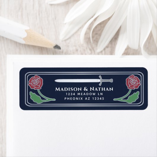 Étiquette Blue Medieval Fantasy Silver Sword Wedding Label (En situation)