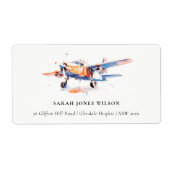 Étiquette Blue Orange Blush Aquarelle Air Plane Adresse (Devant)