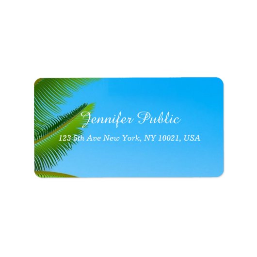 Étiquette Blue Sky Palm Feuilles Élégant Modèle de script ma (Devant)