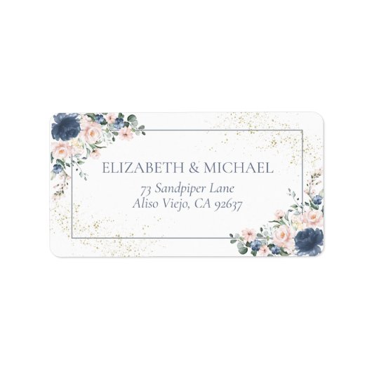 Étiquette Blush Gold Floral Blue Light Dusty Adresse (Devant)
