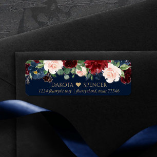 Étiquette Boho Blooms Dark Navy et Burgundy Heart Address